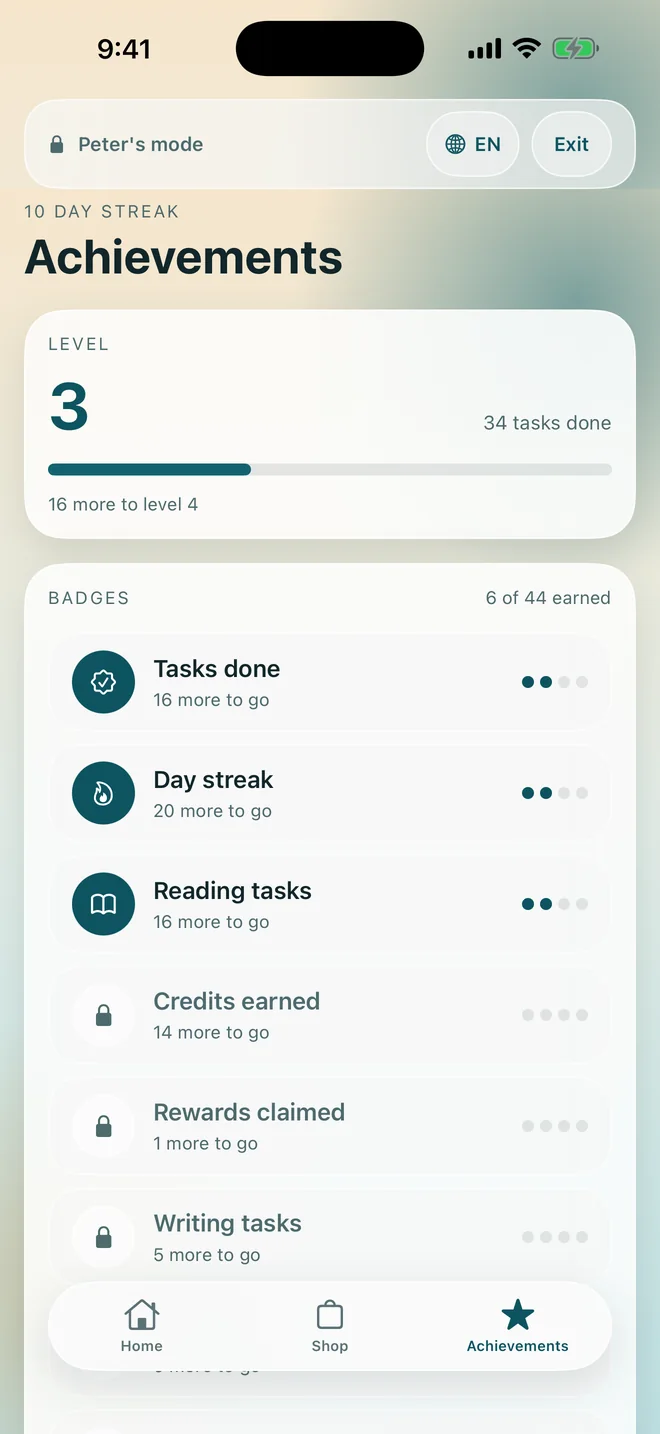 The achievements screen with level, streak and badges