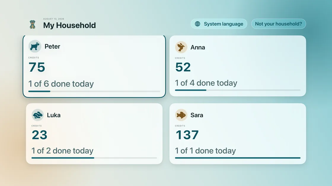 The Apple TV app, showing each child's balance and progress for today