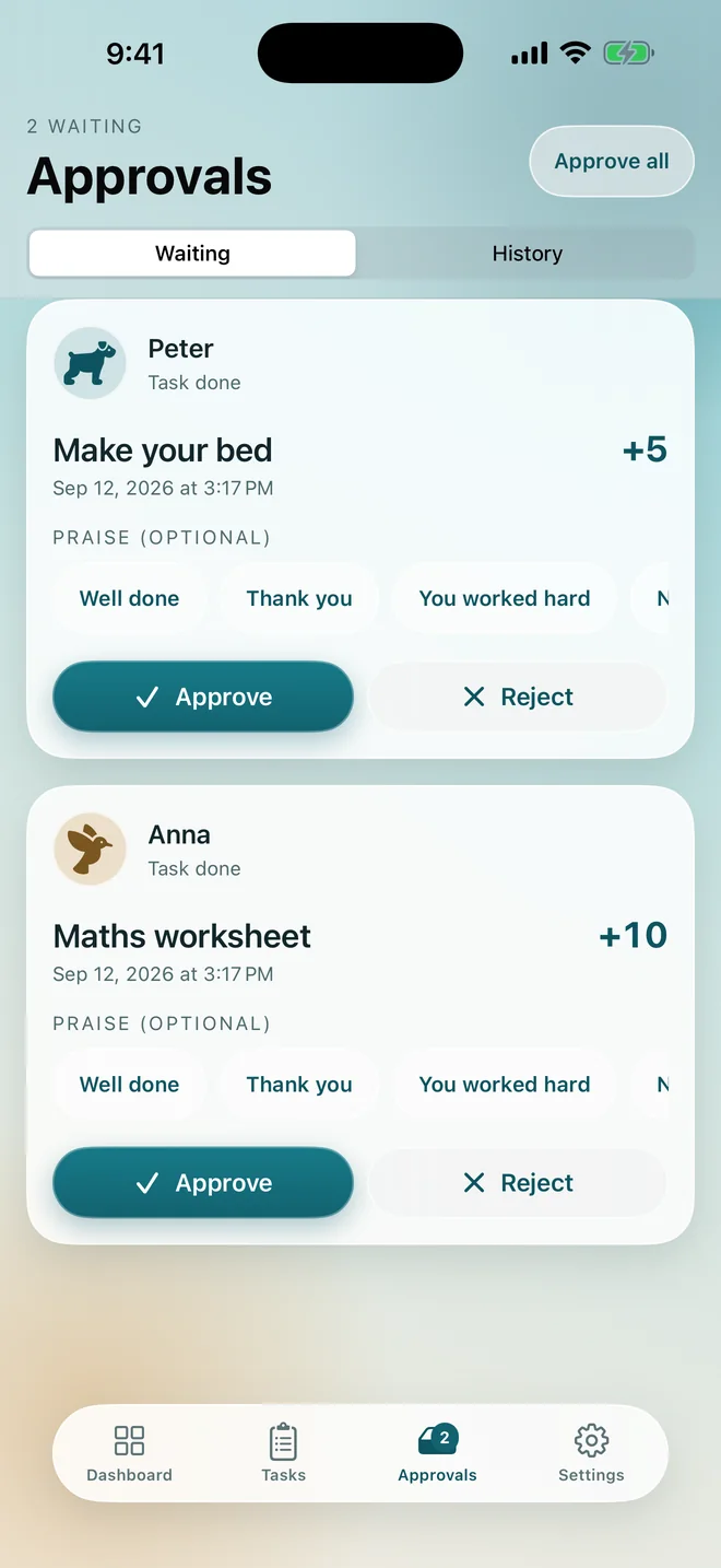 The approvals screen with two tasks waiting