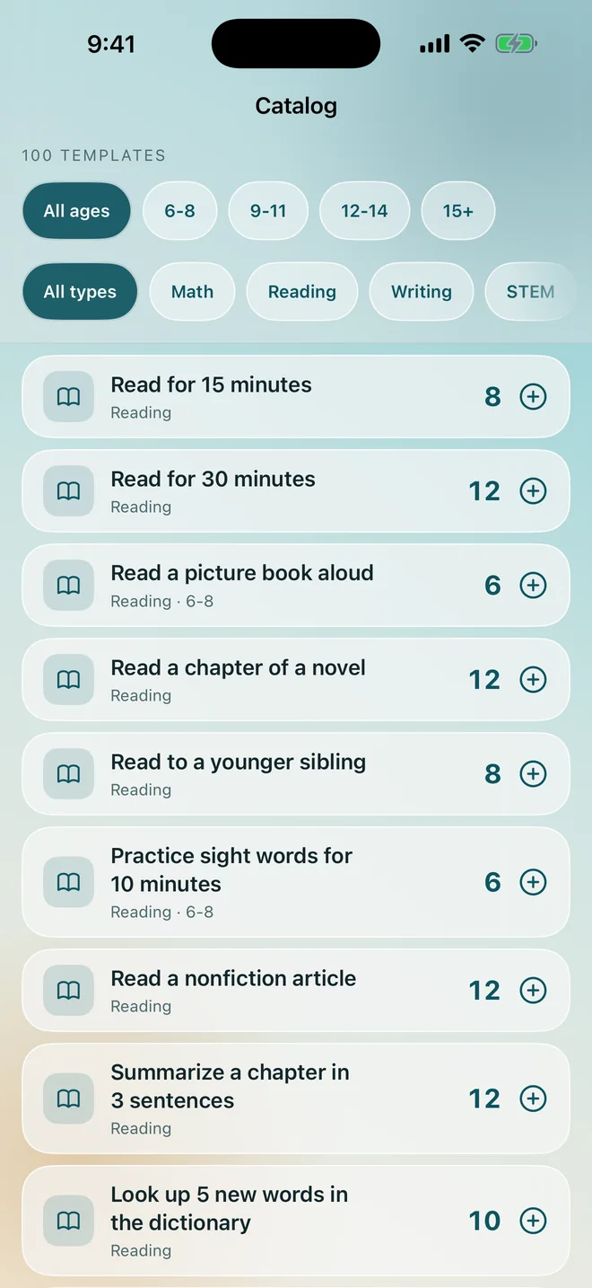 The task catalog, filtered by age and kind