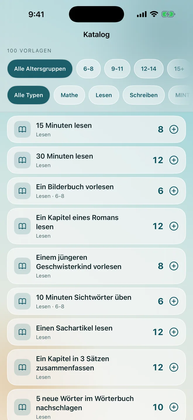 Der Aufgabenkatalog, gefiltert nach Alter und Art