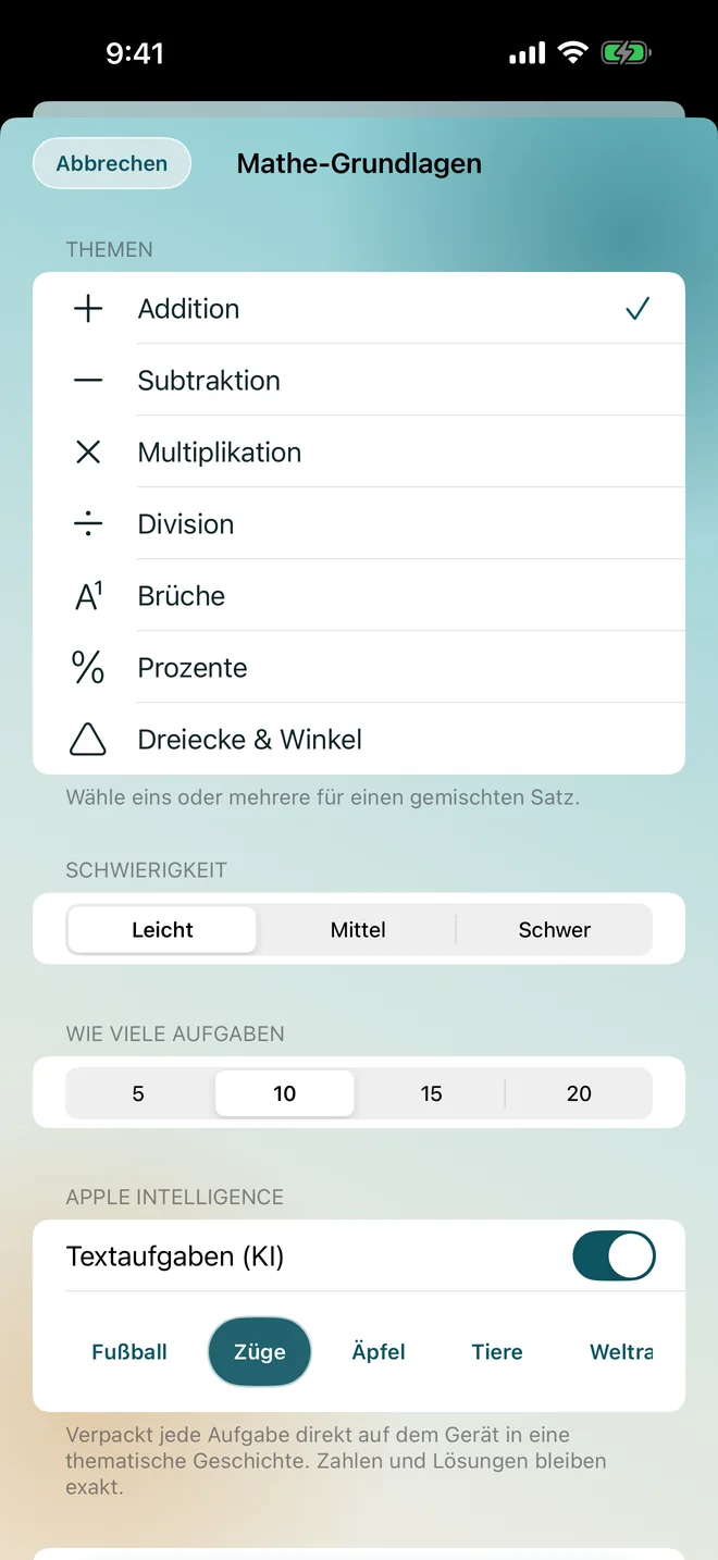 Der Mathegenerator mit Themen, Schwierigkeit und eingeschaltetem Apple-Intelligence-Schalter für Textaufgaben