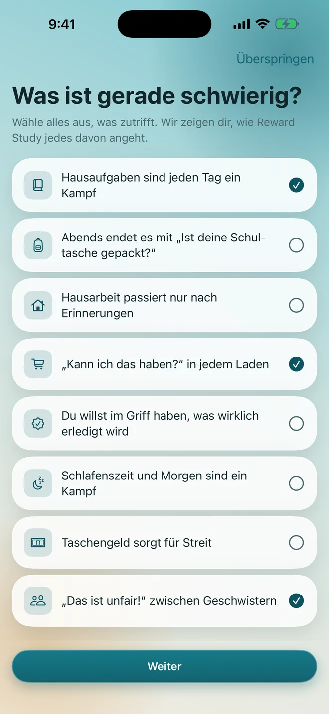 Der erste Bildschirm mit der Frage, welche Probleme zu Hause zutreffen, drei Antworten sind angehakt
