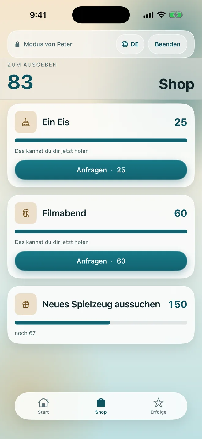 Der Belohnungsladen mit den Preisen der Belohnungen