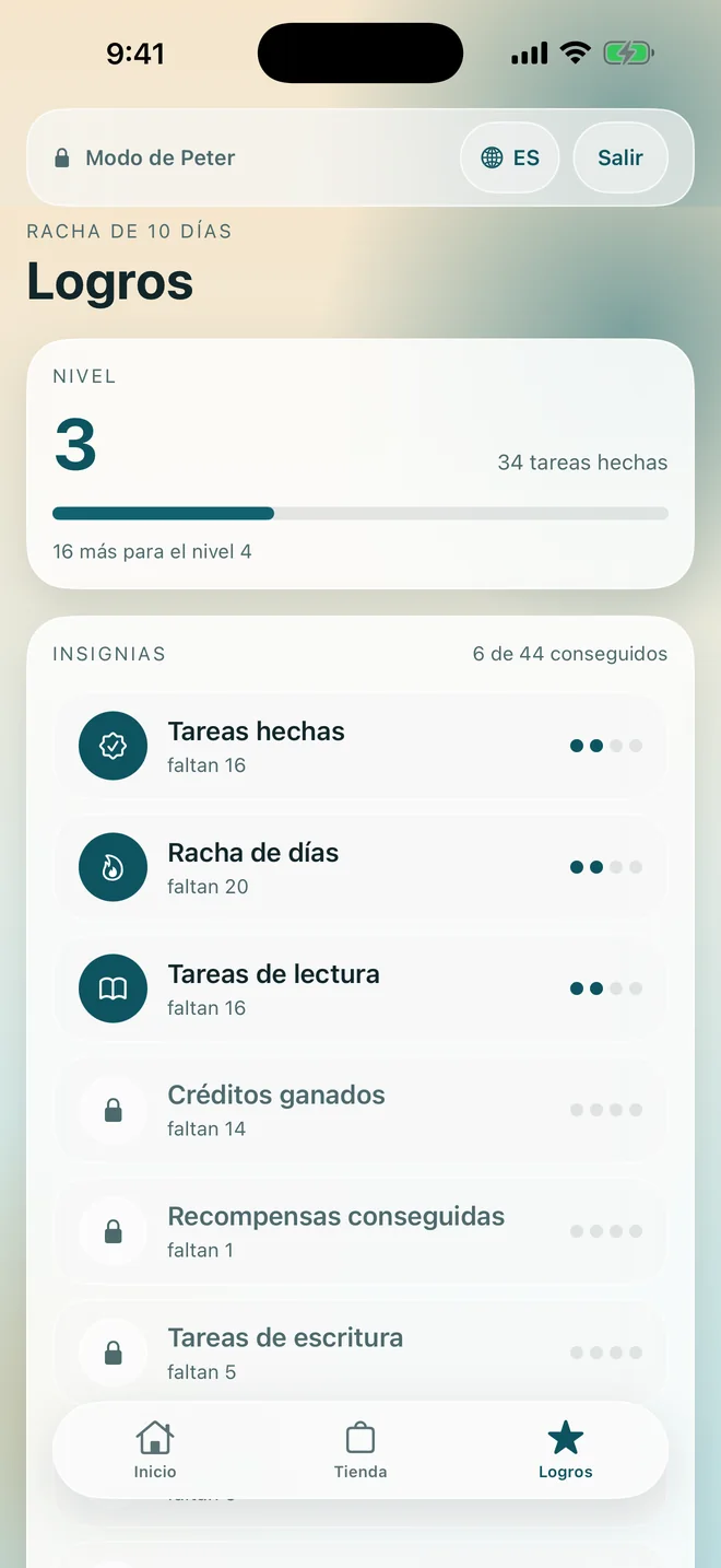 La pantalla de logros con nivel, racha e insignias