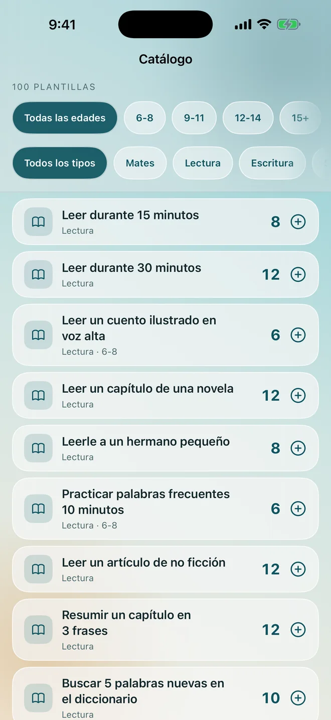 El catálogo de tareas, filtrado por edad y tipo
