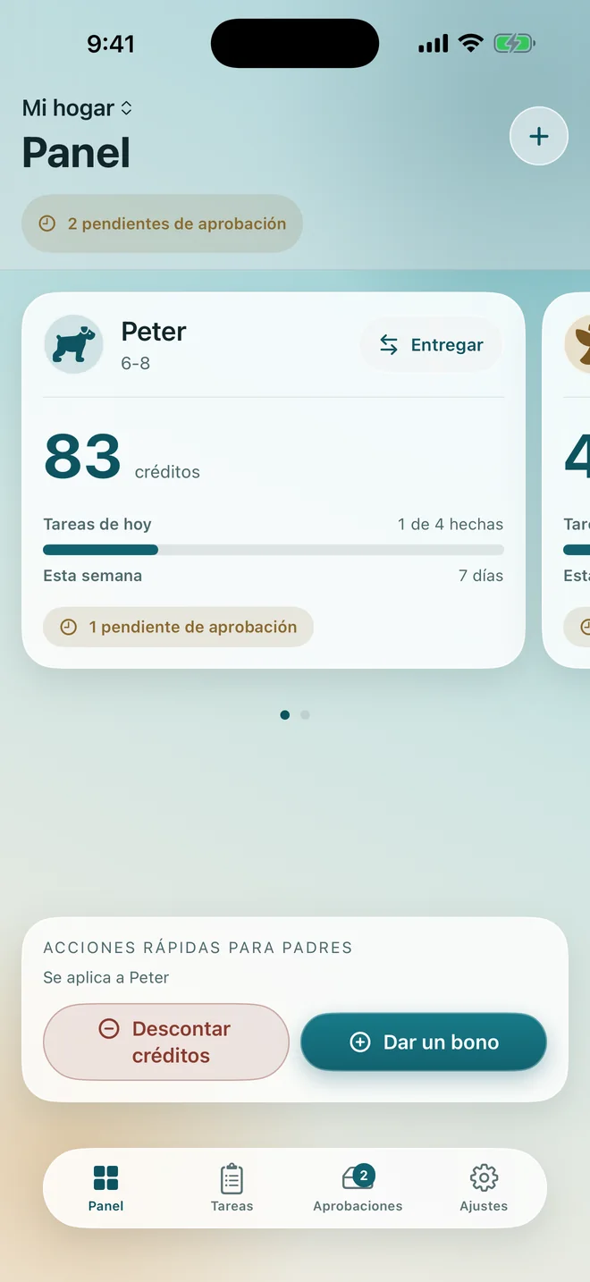El panel de padres con el saldo de cada hijo