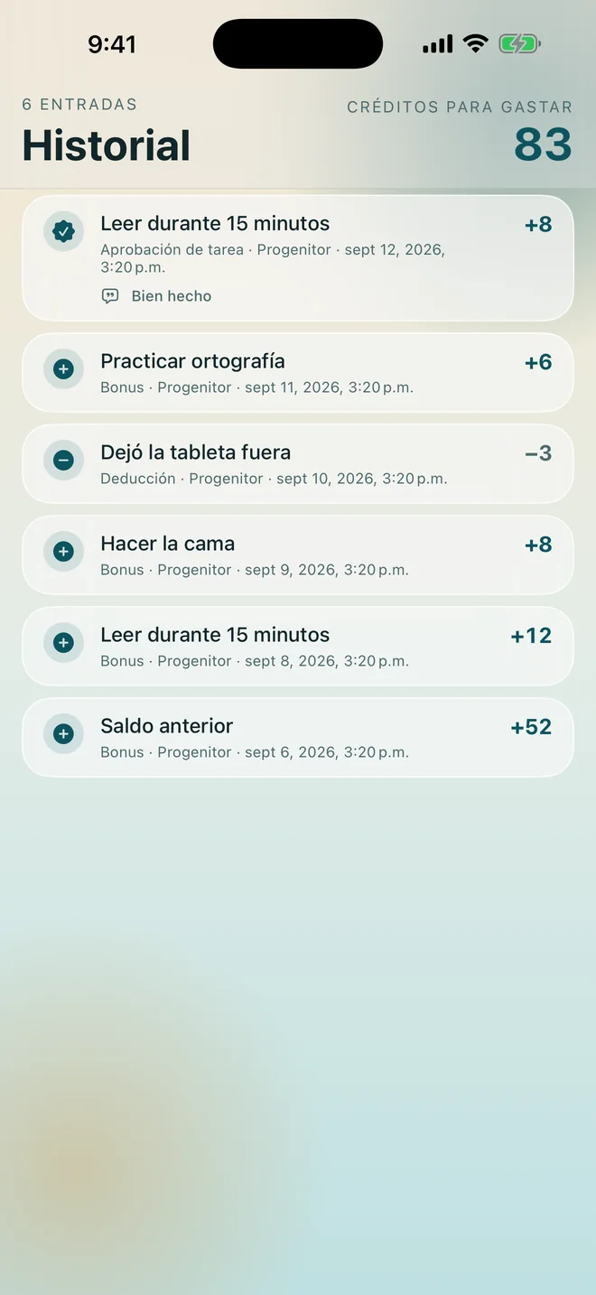El historial con seis apuntes, cada uno con su motivo