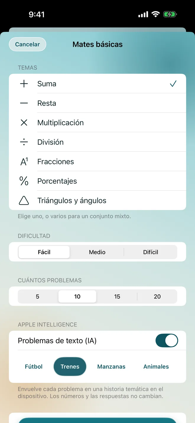 El generador de mates con temas, dificultad y el interruptor de Apple Intelligence activado
