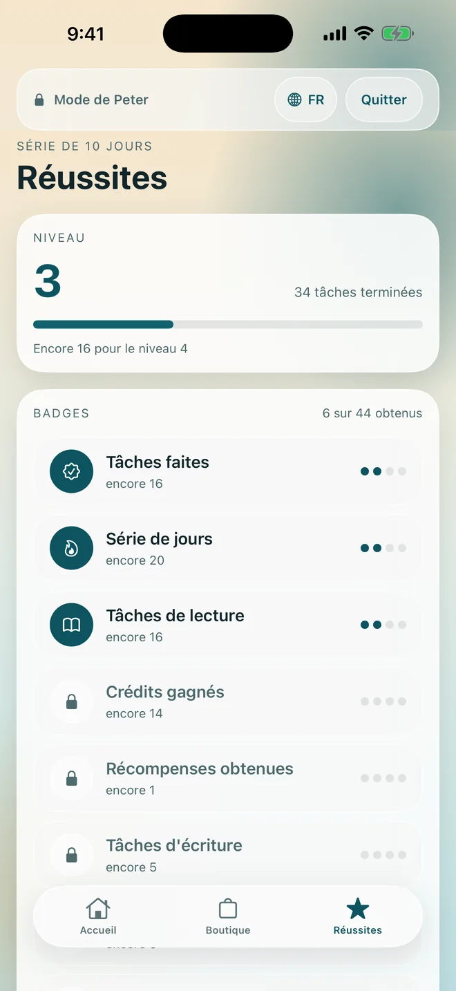 L'écran des succès avec niveau, série et badges