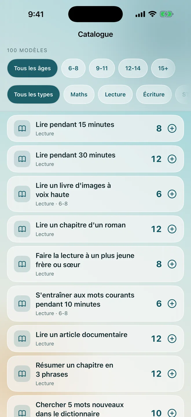 Le catalogue de tâches, filtré par âge et par type