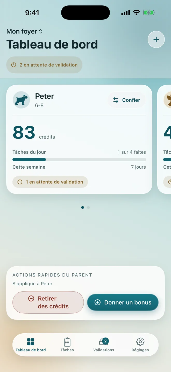 Le tableau de bord parent avec le solde de chaque enfant