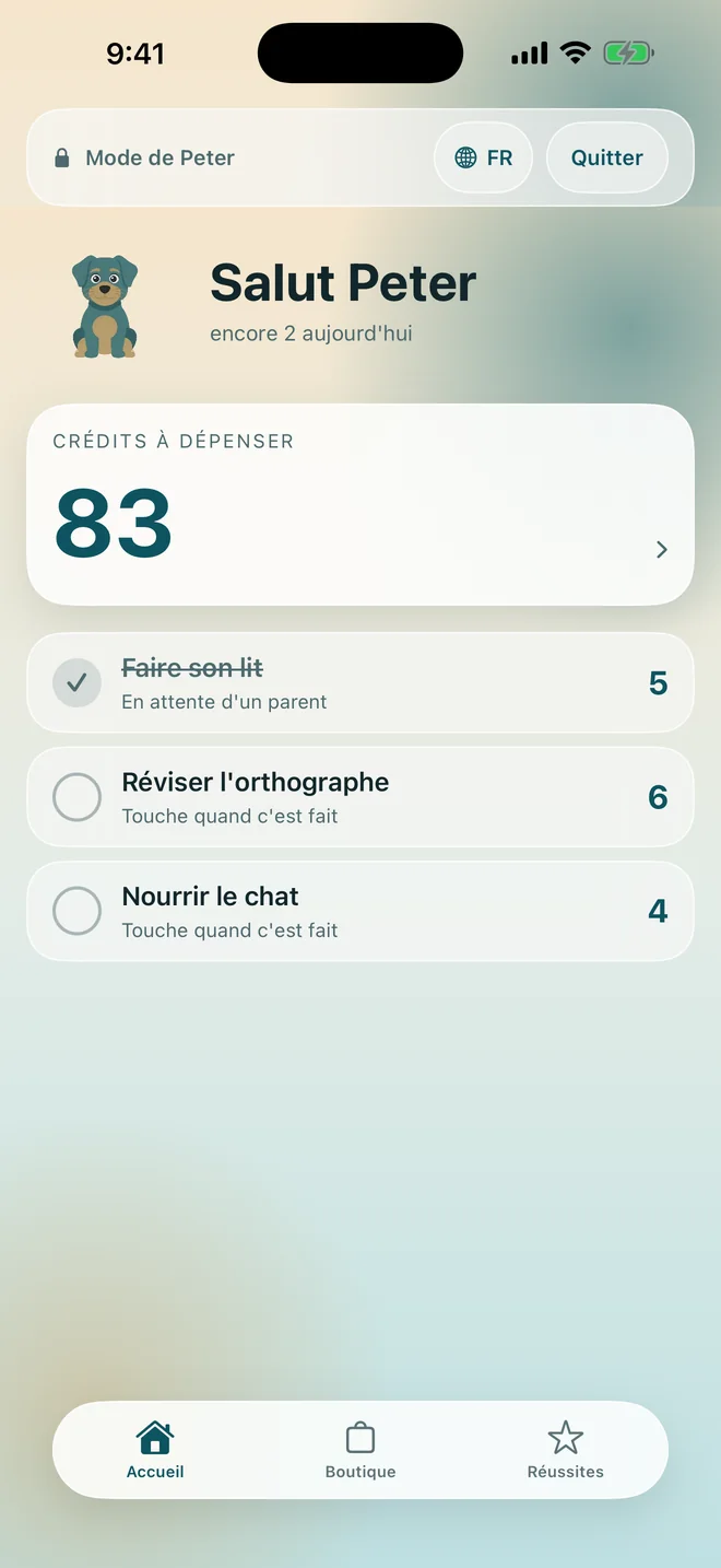 L'écran d'accueil de l'enfant avec ses crédits et les tâches du jour