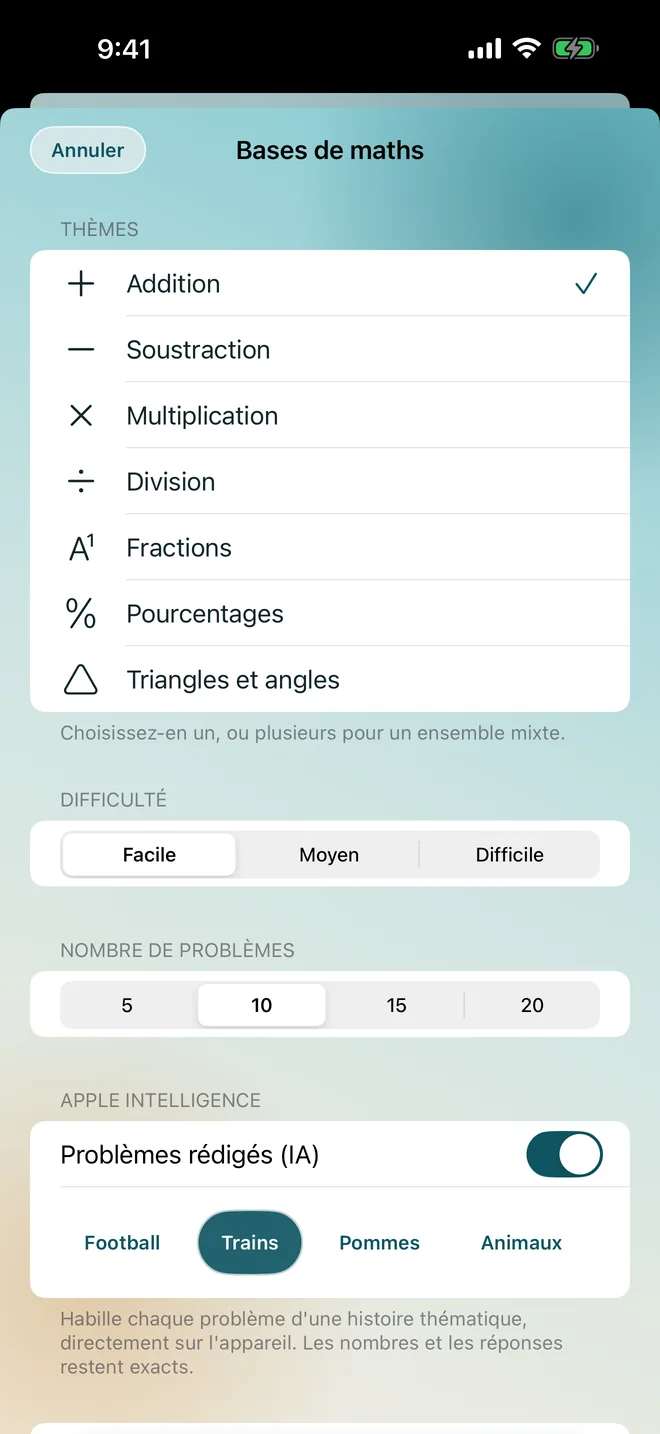 Le générateur de problèmes avec les thèmes, la difficulté et l'interrupteur Apple Intelligence activé