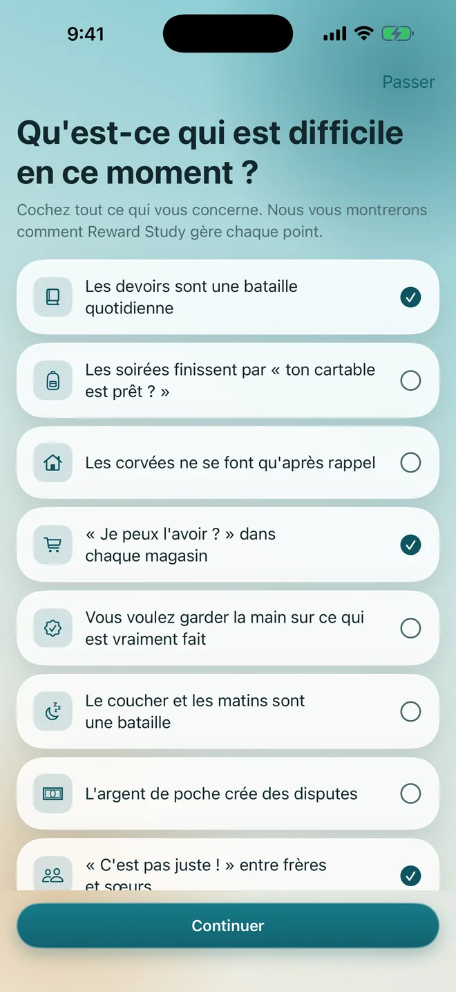 L'écran de premier lancement demandant quels problèmes se posent à la maison, avec trois réponses cochées
