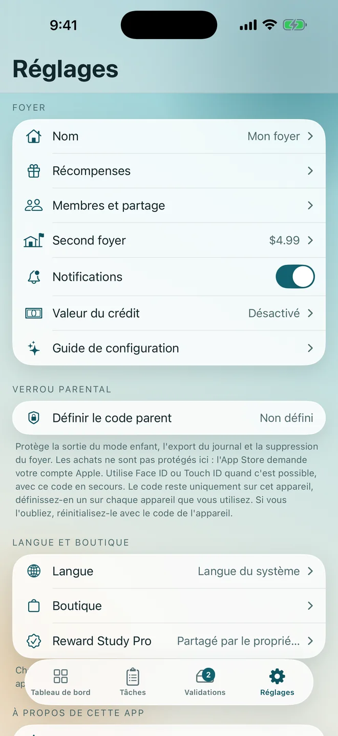 Les réglages, avec le foyer, le verrou parent et la boutique