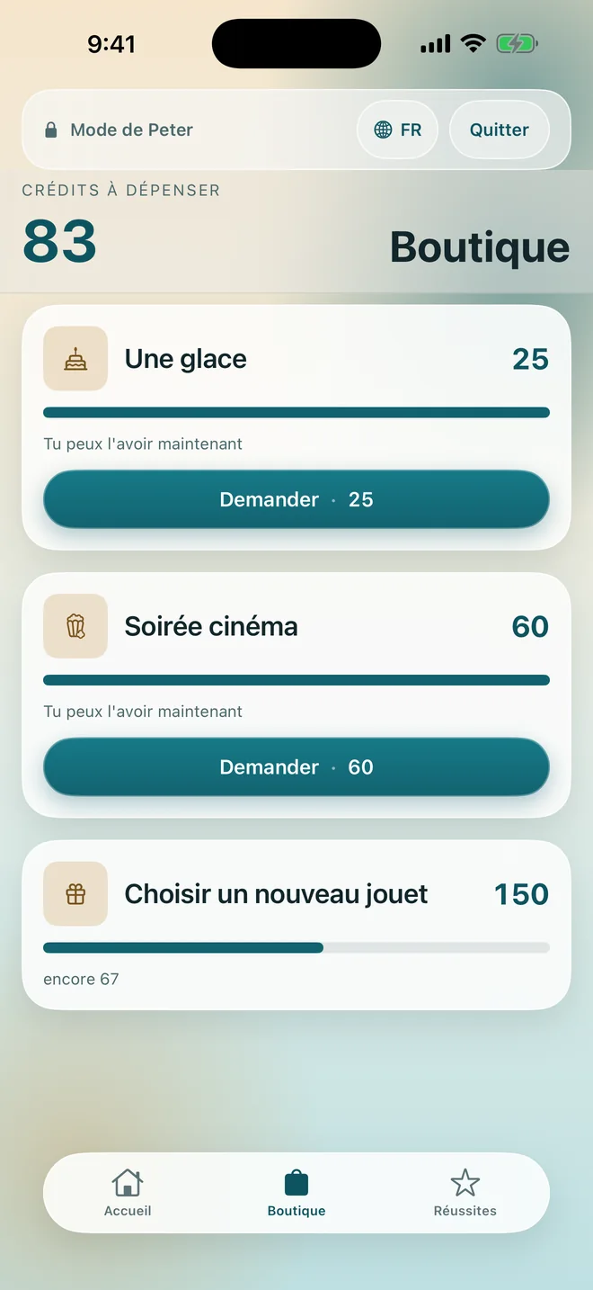 La boutique de récompenses avec le prix de chacune
