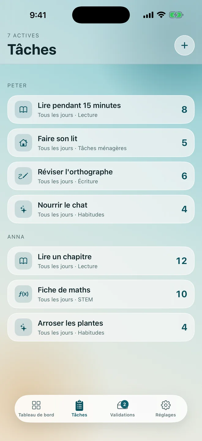 La liste des tâches groupée par enfant, chaque tâche affichant ce qu'elle rapporte