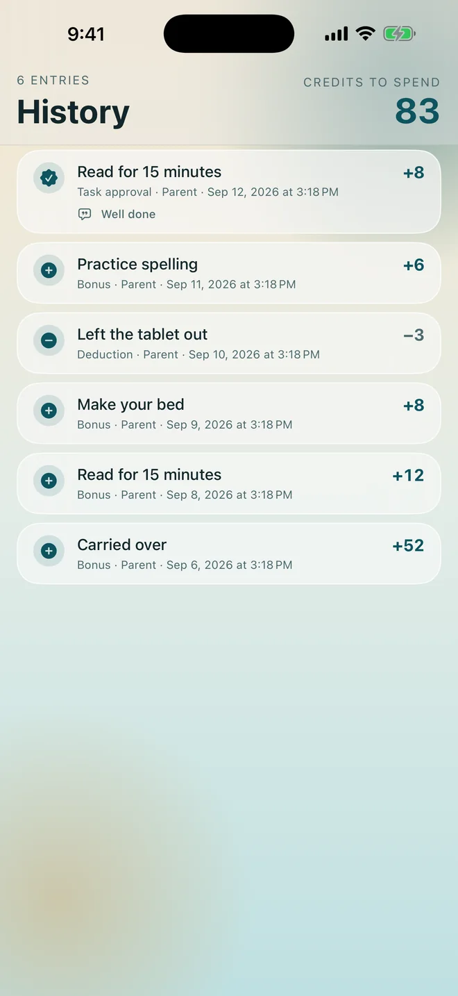 The history screen, listing six ledger entries with a reason on each