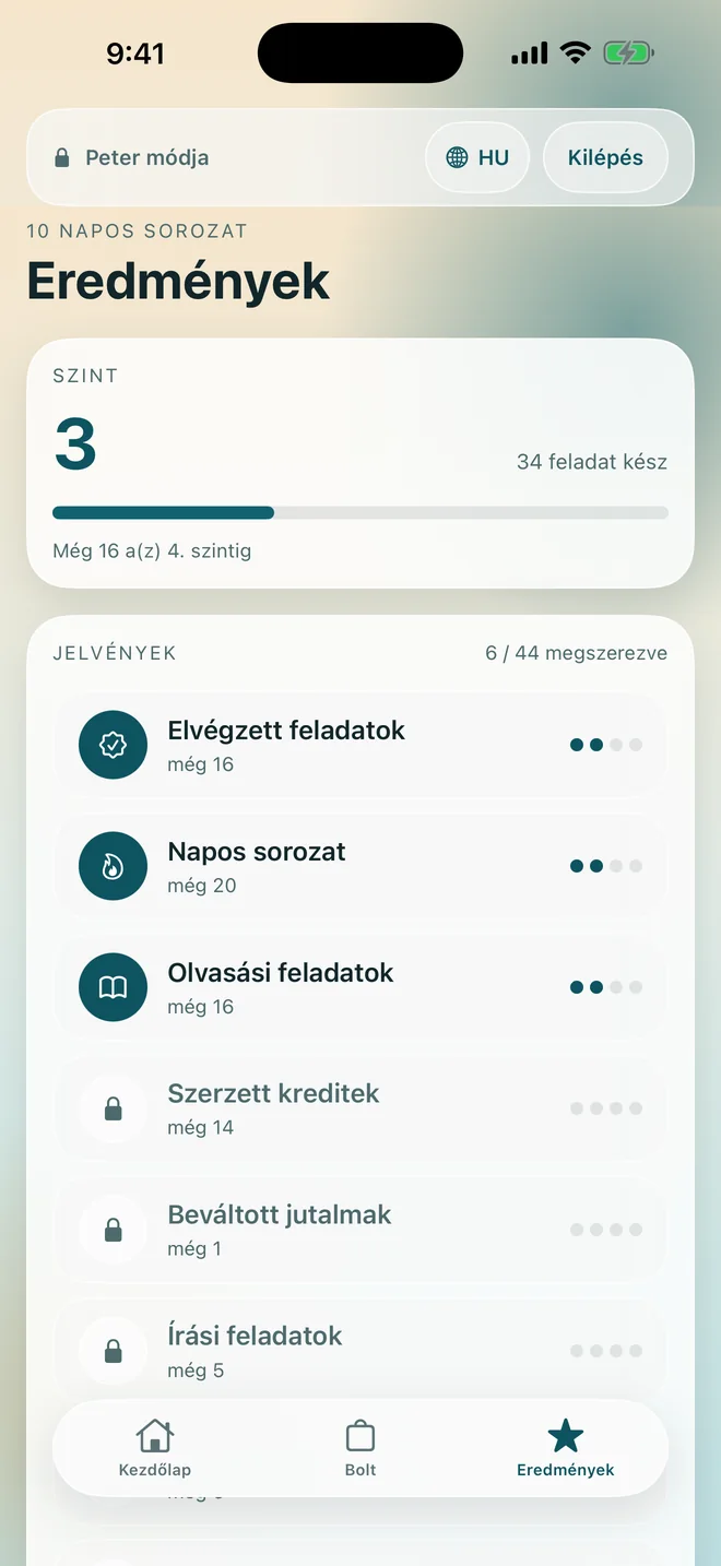 Az eredmények képernyő szinttel, sorozattal és jelvényekkel