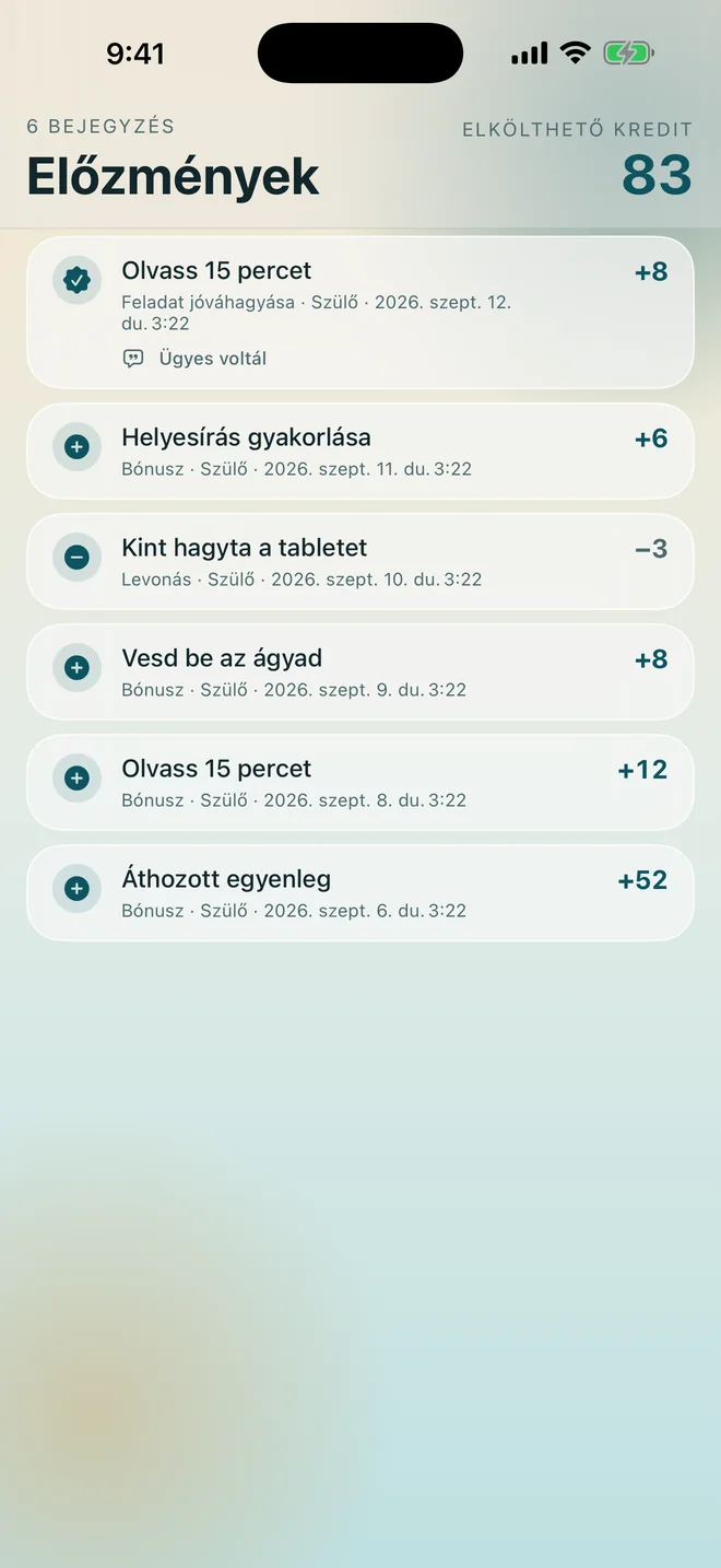 A napló hat bejegyzéssel, mindegyik mellett az ok
