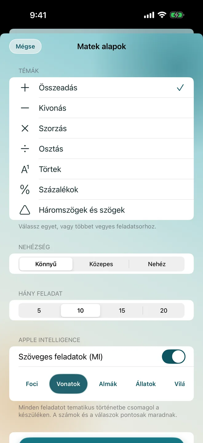 A Matekgenerátor témákkal, nehézséggel és bekapcsolt Apple Intelligence kapcsolóval