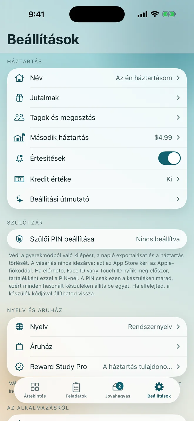 A Beállítások a háztartással, a szülői zárral és a bolttal
