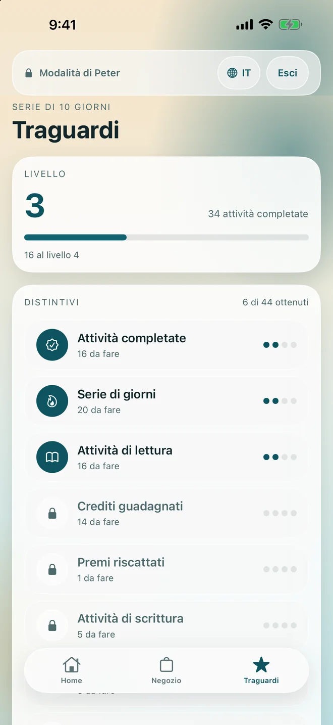 La schermata dei traguardi con il livello attuale, la serie e i distintivi ottenuti
