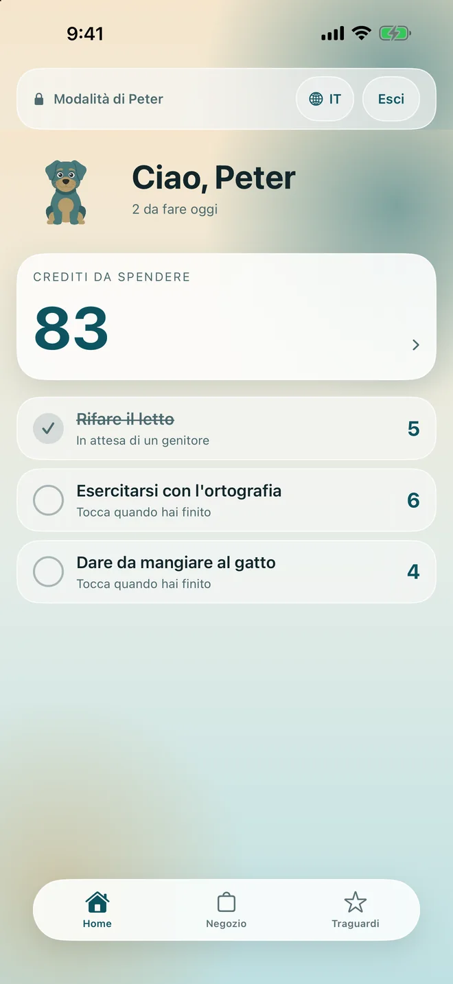 La schermata del bambino con le attività di oggi e i punti che ha da spendere