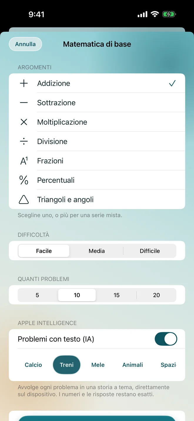 Il generatore di matematica con argomento, difficoltà e l'opzione di scrivere i problemi sul dispositivo
