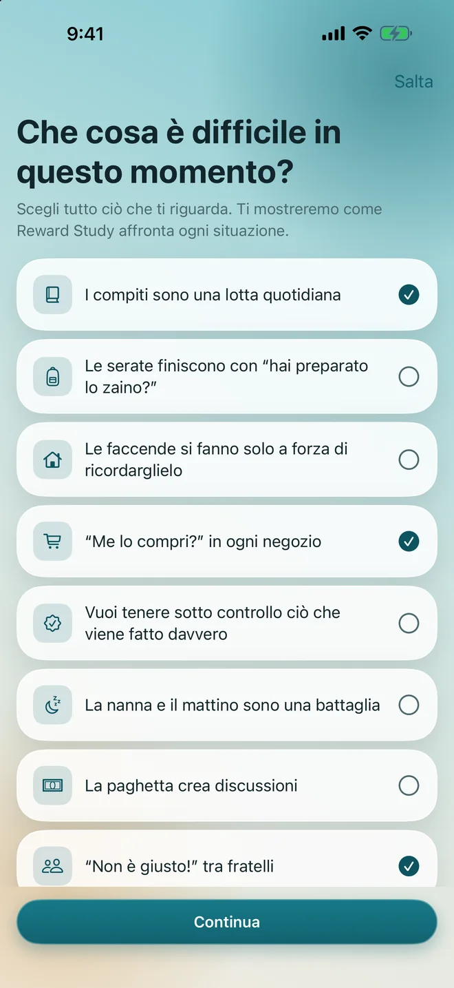 La schermata iniziale che chiede quali problemi ci sono a casa, con tre risposte spuntate