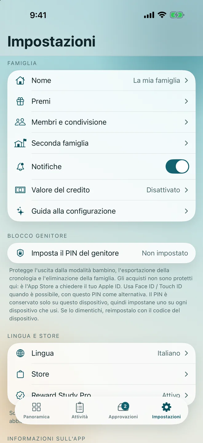 Le impostazioni, con la famiglia, il blocco genitori e il negozio
