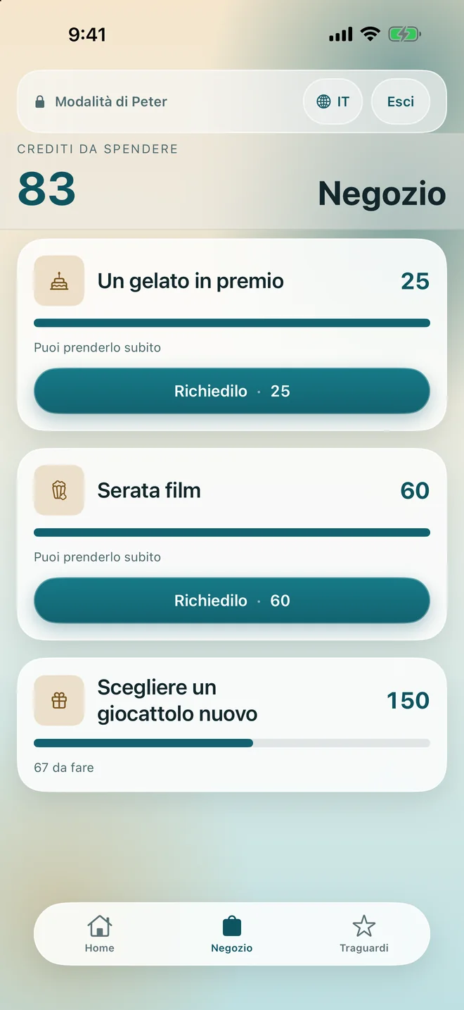 Il negozio delle ricompense dal lato del bambino, con il prezzo in punti di ciascuna