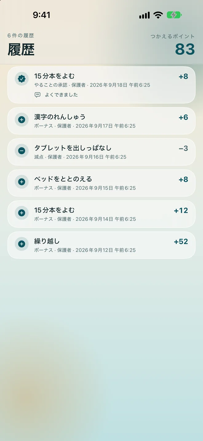 それぞれに理由がついた6件の記録が並ぶ、履歴の画面