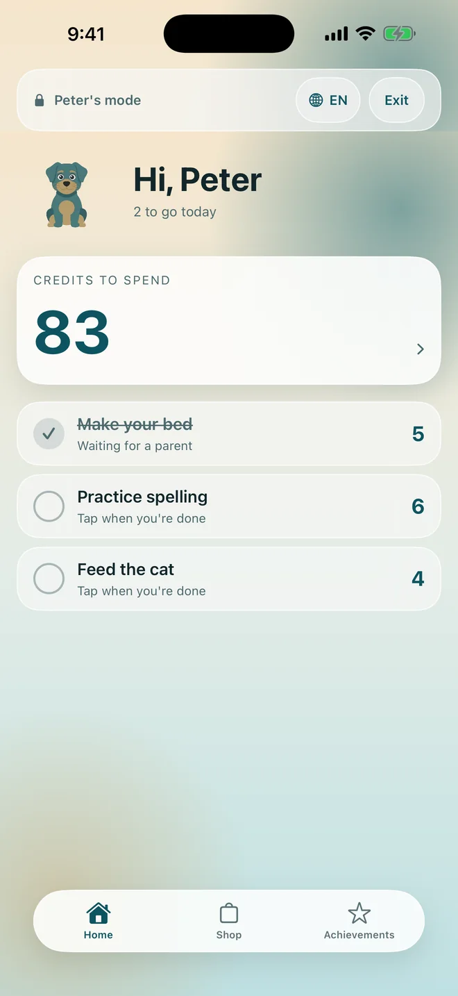 The child's home screen with credits to spend and today's tasks
