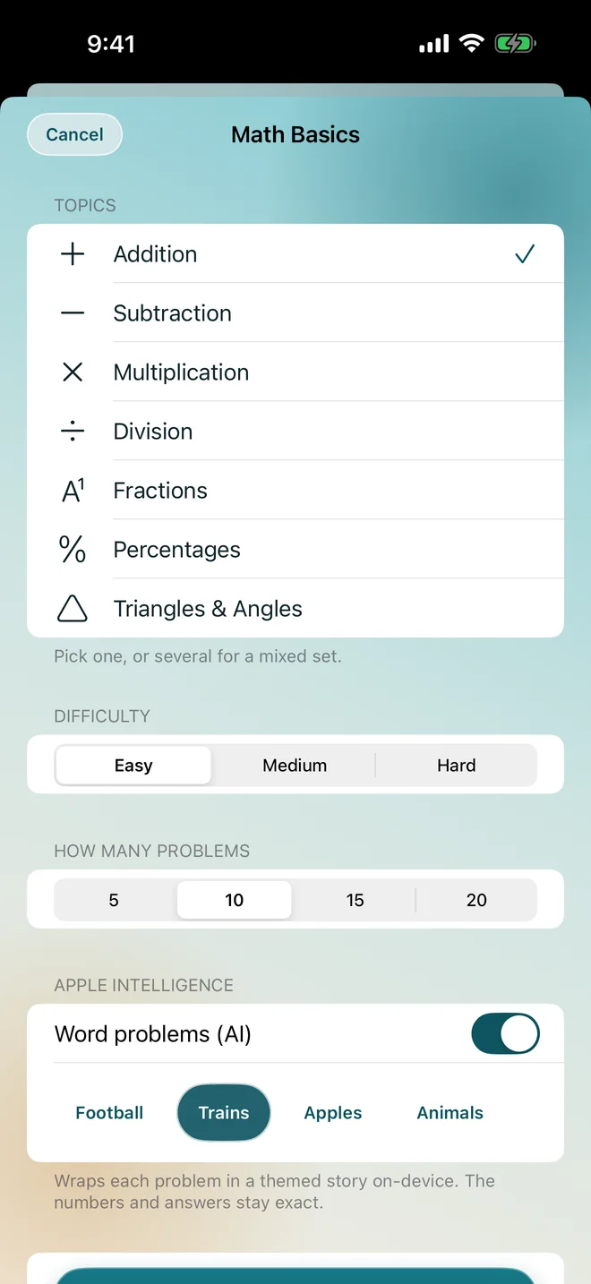 The Math Generator, with topics, difficulty and the Apple Intelligence word problems toggle switched on