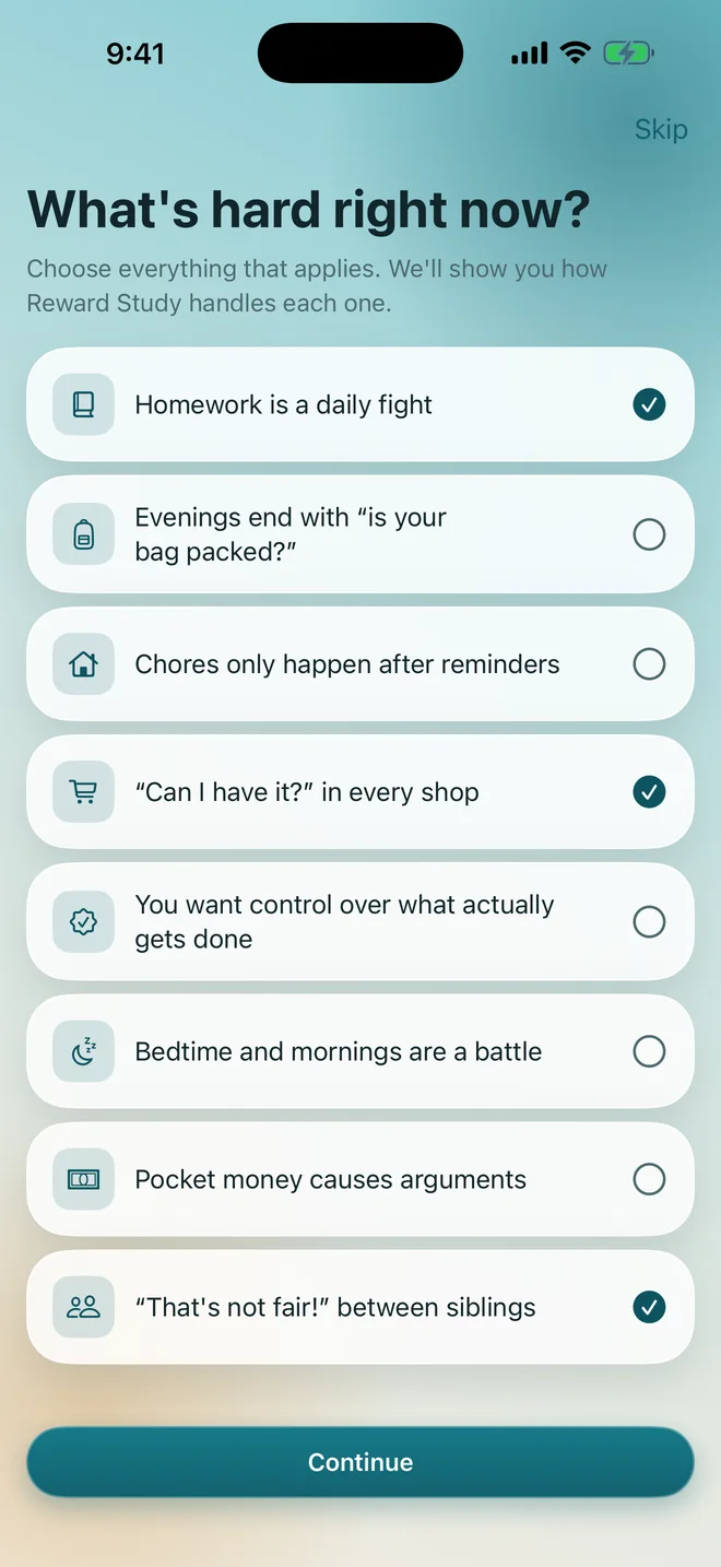 The first-run screen asking which problems apply at home, with three answers ticked