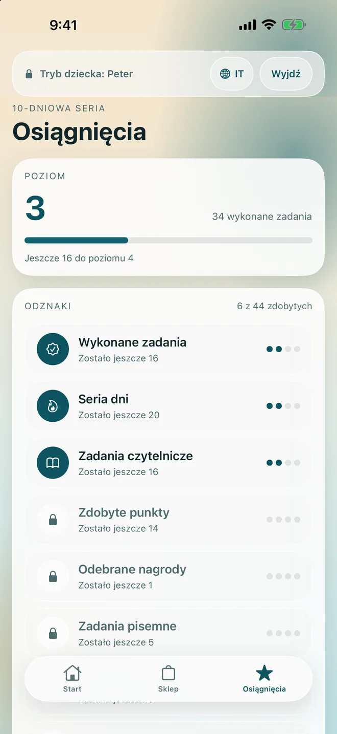 Ekran osiągnięć z bieżącym poziomem, serią i zdobytymi odznakami