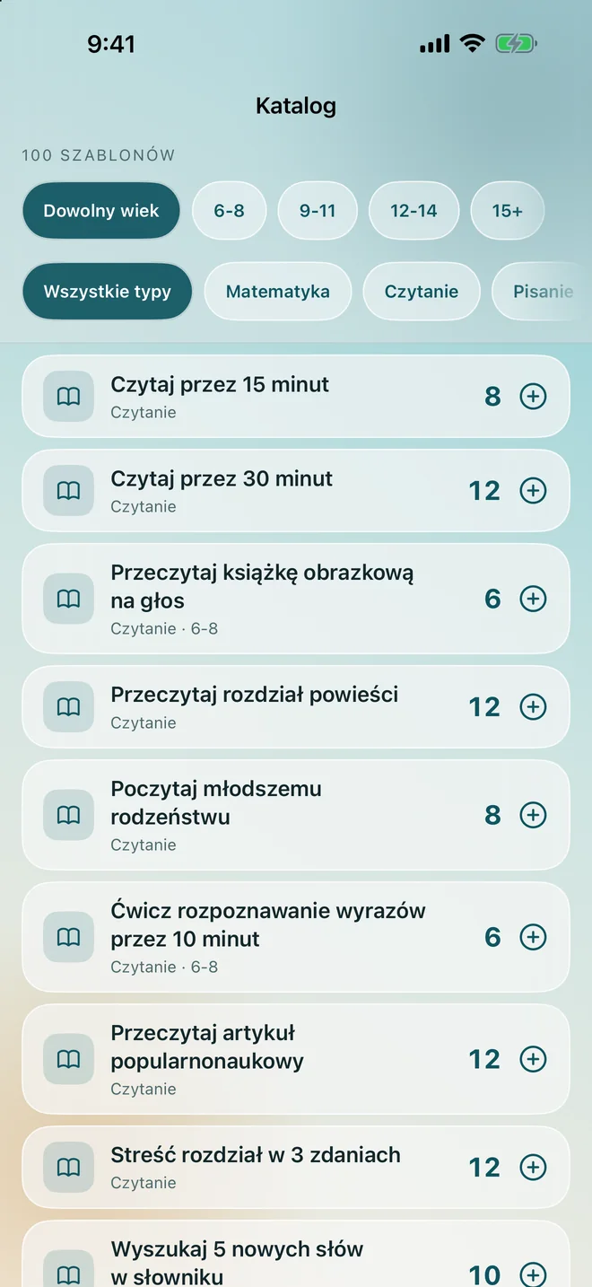 Katalog zadań, filtrowany według przedziału wiekowego, każde zadanie z wartością w punktach