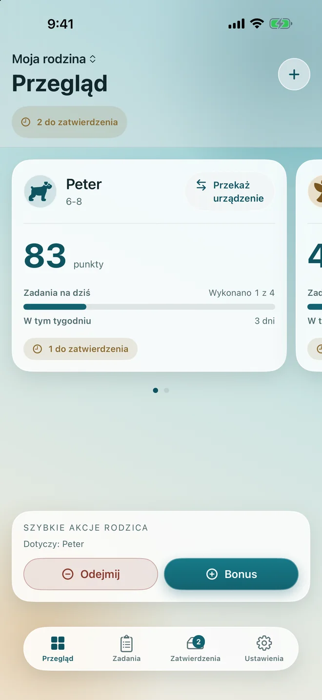 Przegląd rodzica z saldem każdego dziecka i dzisiejszymi postępami
