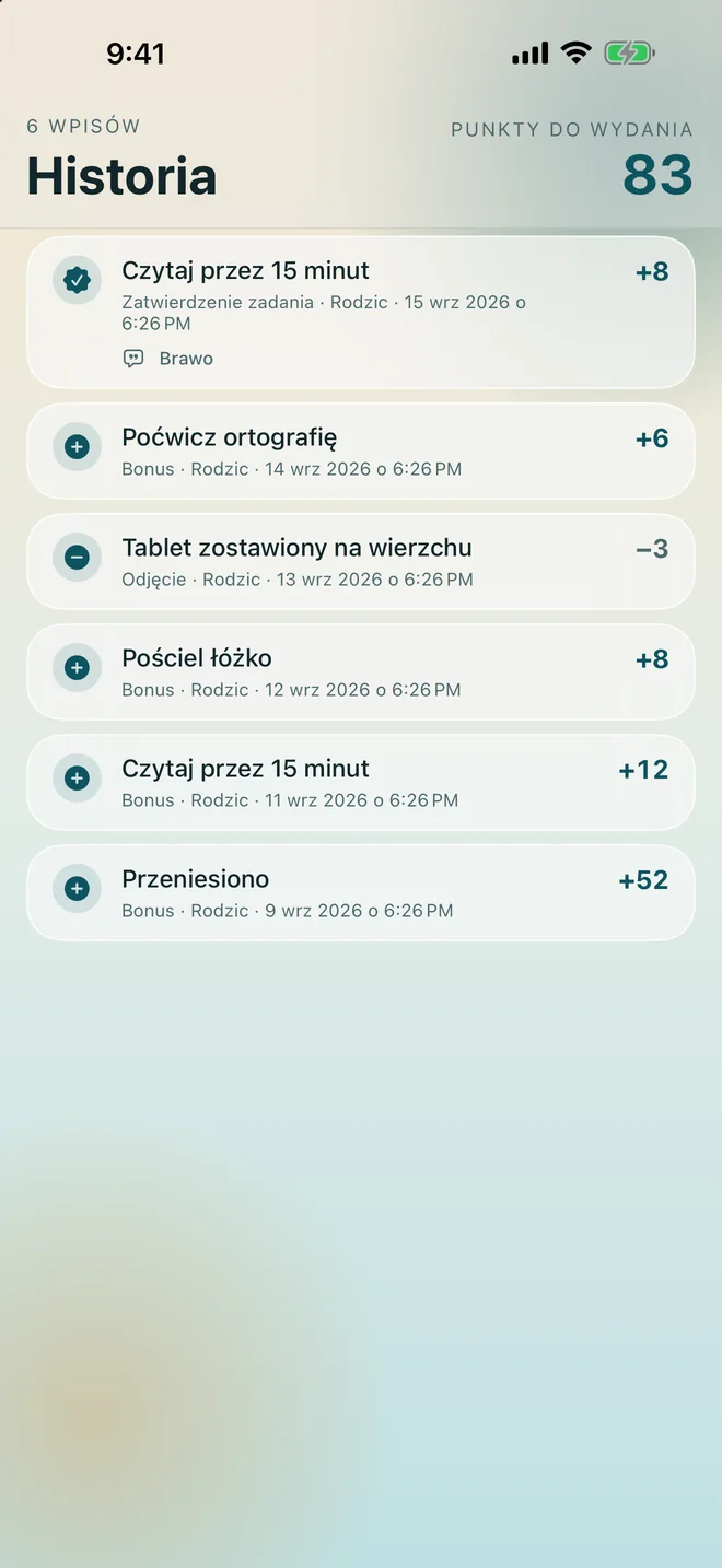 Ekran historii z wpisami, każdy z powodem, dla którego punkty się zmieniły