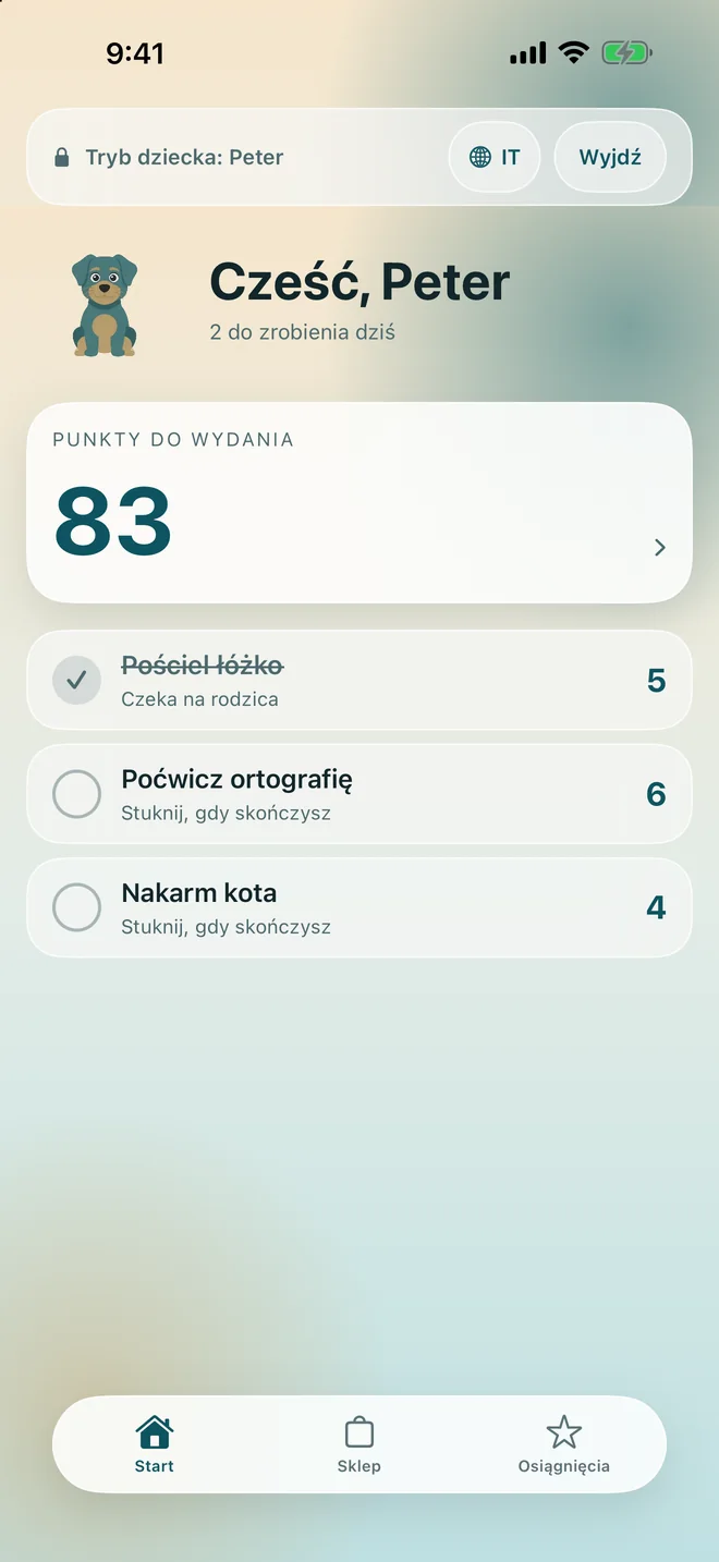 Ekran główny dziecka z dzisiejszymi zadaniami i punktami, które ma do wydania