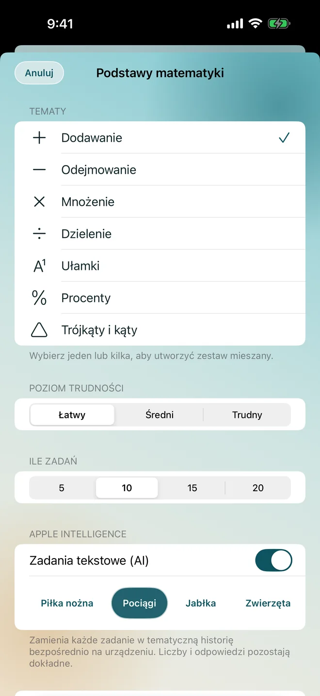 Generator matematyki z tematem, poziomem trudności i opcją pisania zadań z treścią na urządzeniu