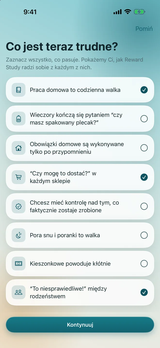 Ekran pierwszego uruchomienia z pytaniem, które problemy występują w domu, z trzema zaznaczonymi odpowiedziami