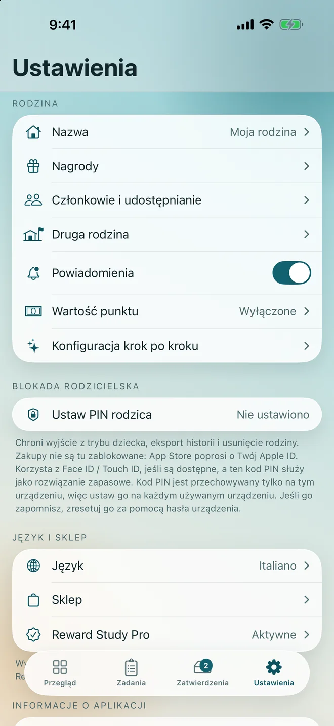 Ustawienia, z rodziną, blokadą rodzicielską i sklepem