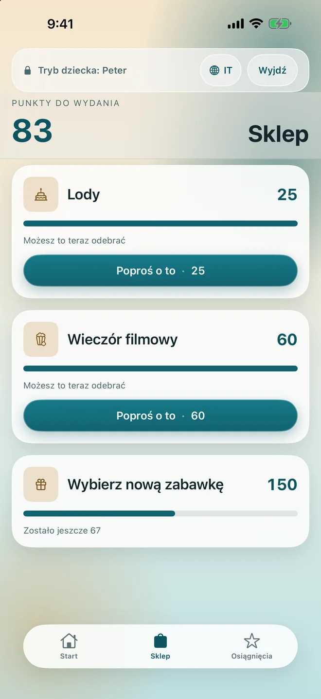 Sklep z nagrodami od strony dziecka, każda nagroda z ceną w punktach