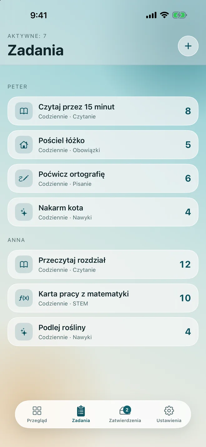 Lista zadań pogrupowana według dziecka, każde zadanie z wartością