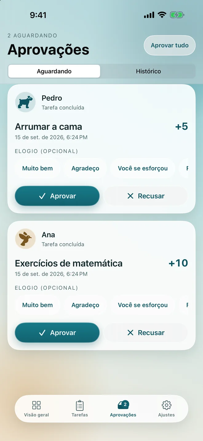 A tela de aprovações com duas tarefas esperando