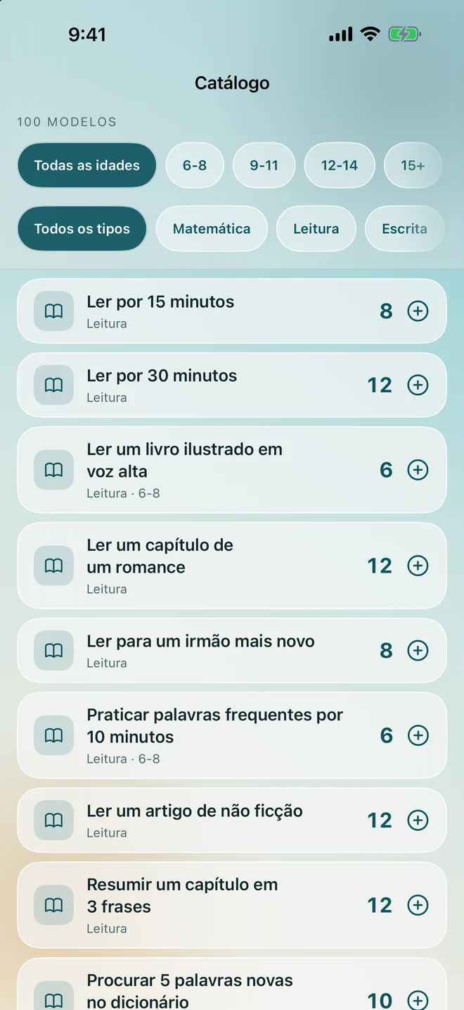 O catálogo de tarefas, filtrado por idade e por tipo