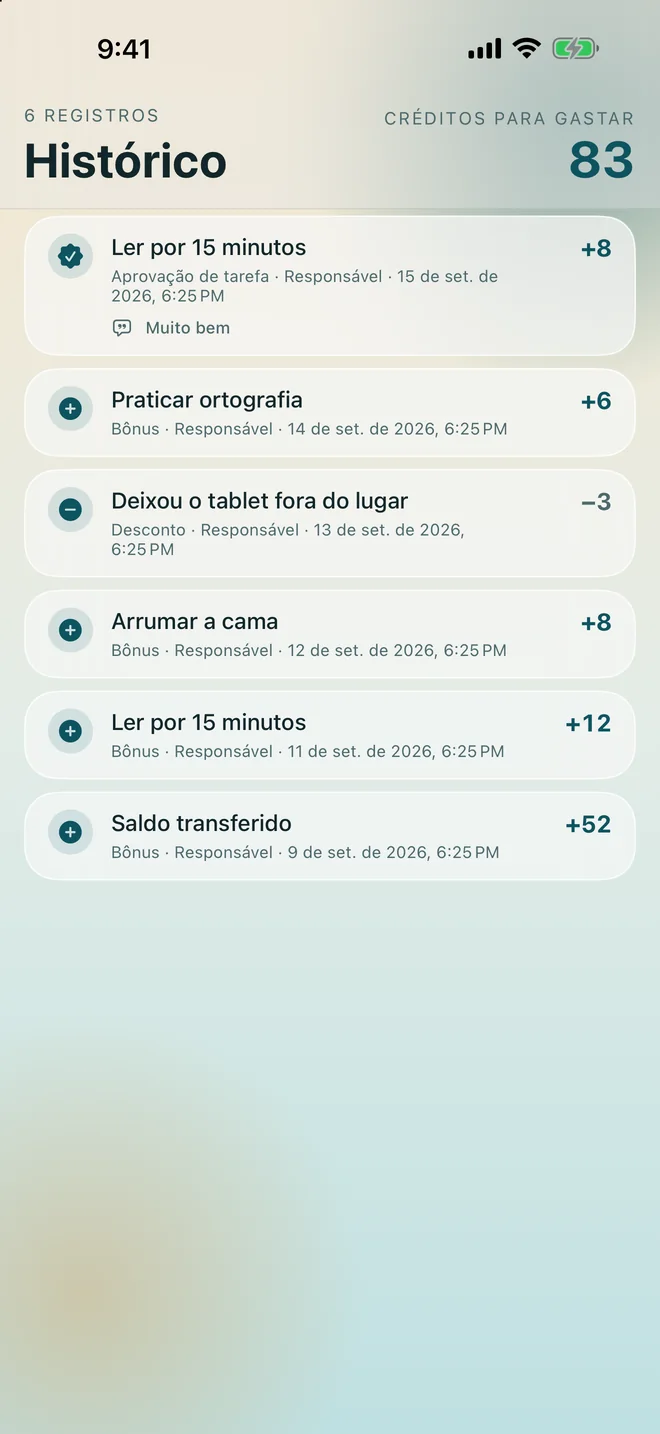 A tela de histórico, listando seis lançamentos com o motivo em cada um